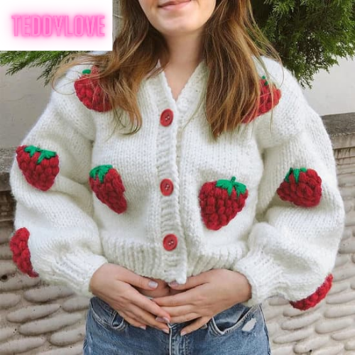 Cute White Strawberry Crochet Loose Cardigan Long Sleeve V Neck Sweater Aesthetic Casual Summer E-Girl Kawaii Korean Japanese Harajuku