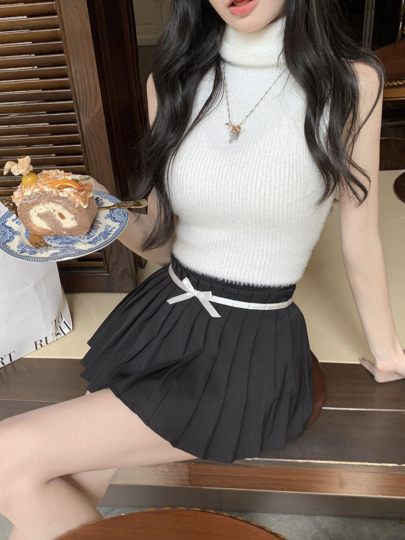 Preppy Pleated Bow Patchwork Mini Skirt
