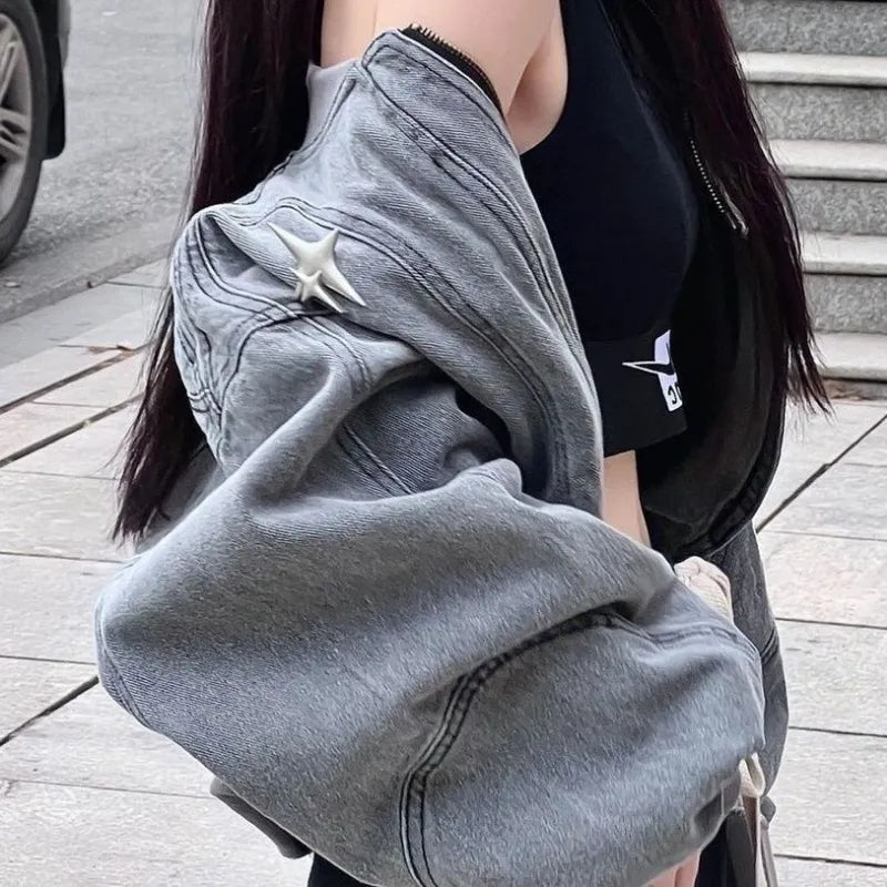 Grey Cross Denim Zip Up Jacket