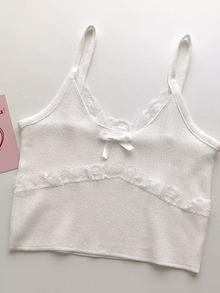 Patchwork Lace Bow Knit Camisole Crop Top