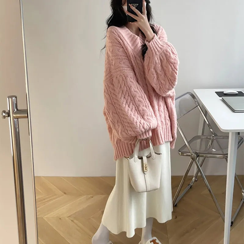 Pink Preppy Cable Knit V Neck Sweater