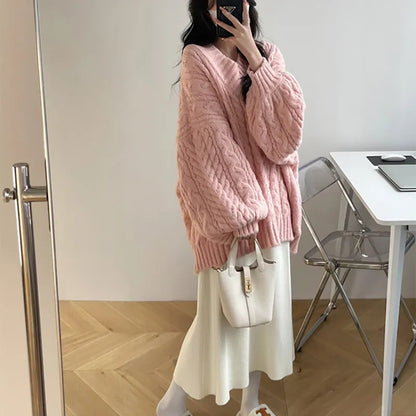 Pink Preppy Cable Knit V Neck Sweater
