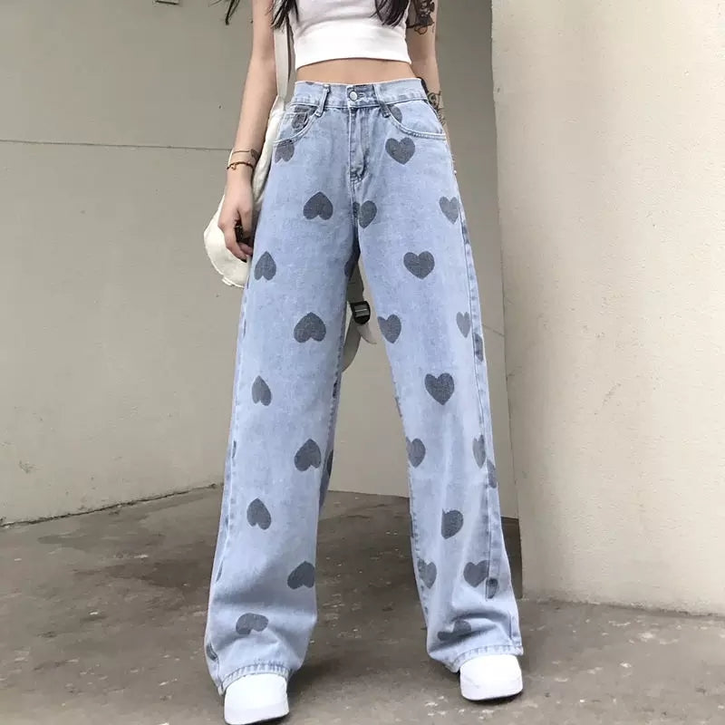 Cute Heart Denim Blue Loose High Waisted Straight Leg Flare Jeans Pants Aesthetic Casual Summer E-Girl Kawaii Korean Japanese Harajuku