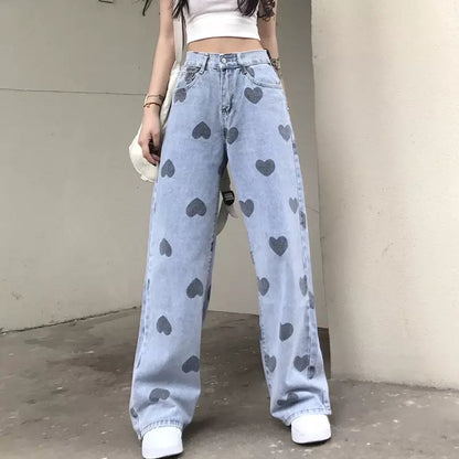 Cute Heart Denim Blue Loose High Waisted Straight Leg Flare Jeans Pants Aesthetic Casual Summer E-Girl Kawaii Korean Japanese Harajuku