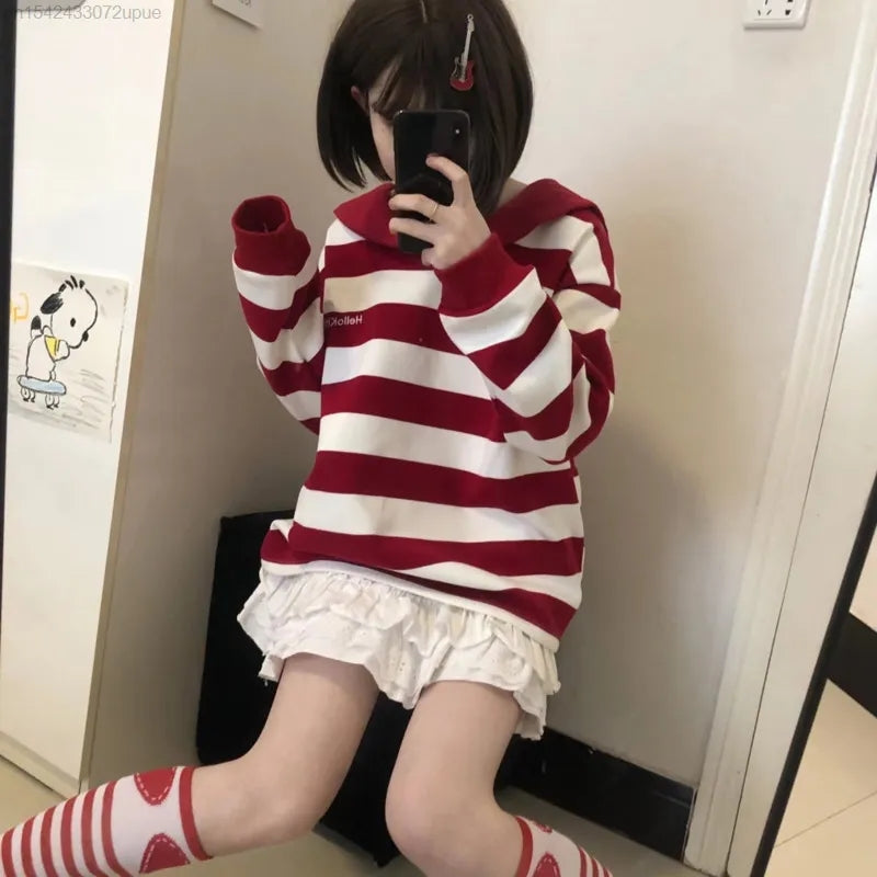 Japanese Anime Collar Stripe Long Sleeve Shirt