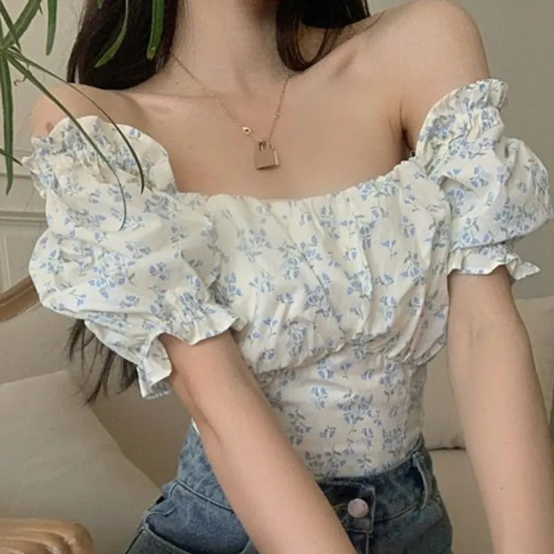 Blue Floral Bandage Puff Sleeve Square Collar Top