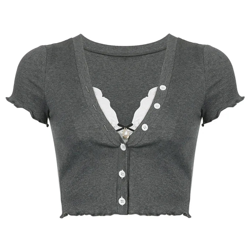 Sweet Lace Button V Neck Cropped Short Sleeve T-Shirt