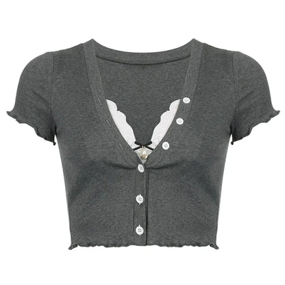 Sweet Lace Button V Neck Cropped Short Sleeve T-Shirt