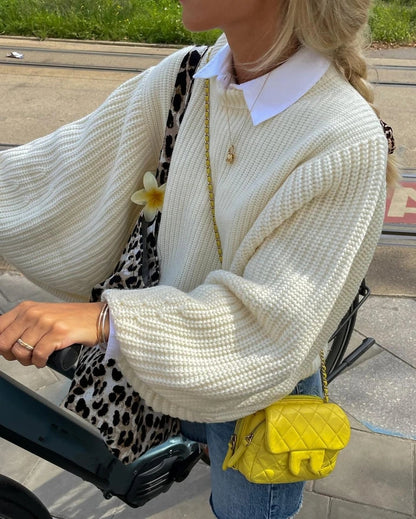 White Cable Knit Lantern Sleeve Sweater