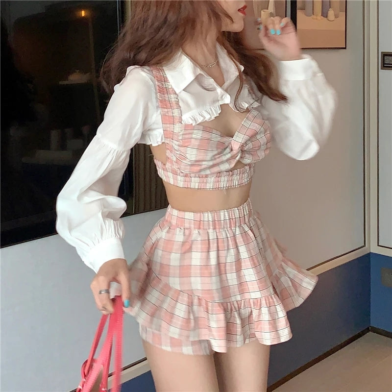 Cute 3 Piece Pink Plaid Gingham Print Set White Blouse With Crop Top And High Waist Ruffles Skirt Summer E-Girl Kawaii Korean Japanese Harajuku