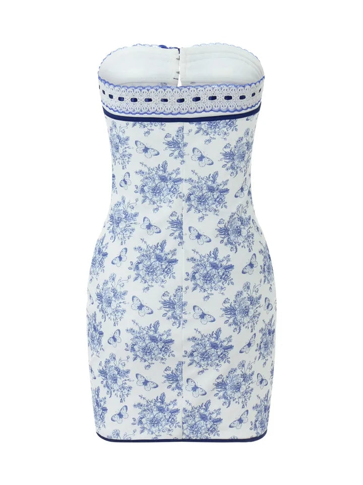 Blue Floral Tie Up Strapless Mini Dress