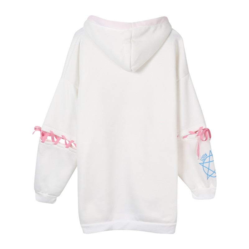 Cute Rabbit Evil Pentagon Lace Up Long Sleeve Hoodie Oversize Sweater Sweatshirt Pullover Jumper E-Girl Kawaii Korean Japanese Harajuku Streetwear