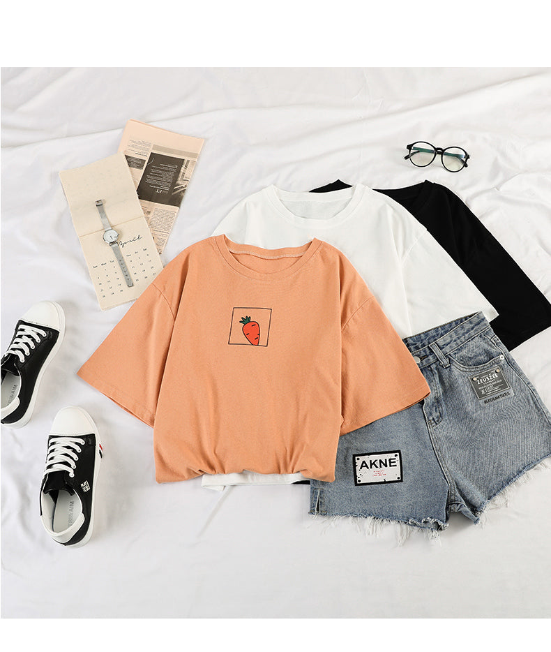 Cute 90s Carrot Print Cartoon vintage Graphic Tee T-shirt Short Sleeve Shirt Top E-Girl Kawaii Korean Japanese Harajuku Retro Streetwear
