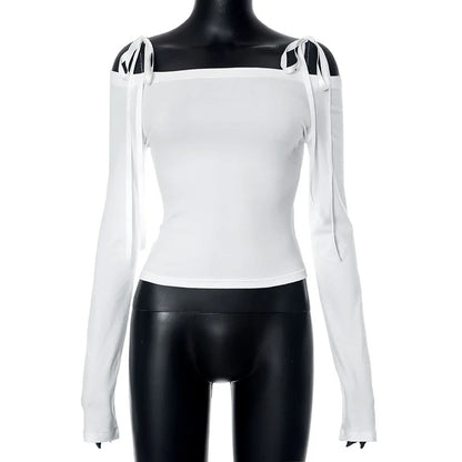 White Bow Off Shoulder Long Sleeve Top