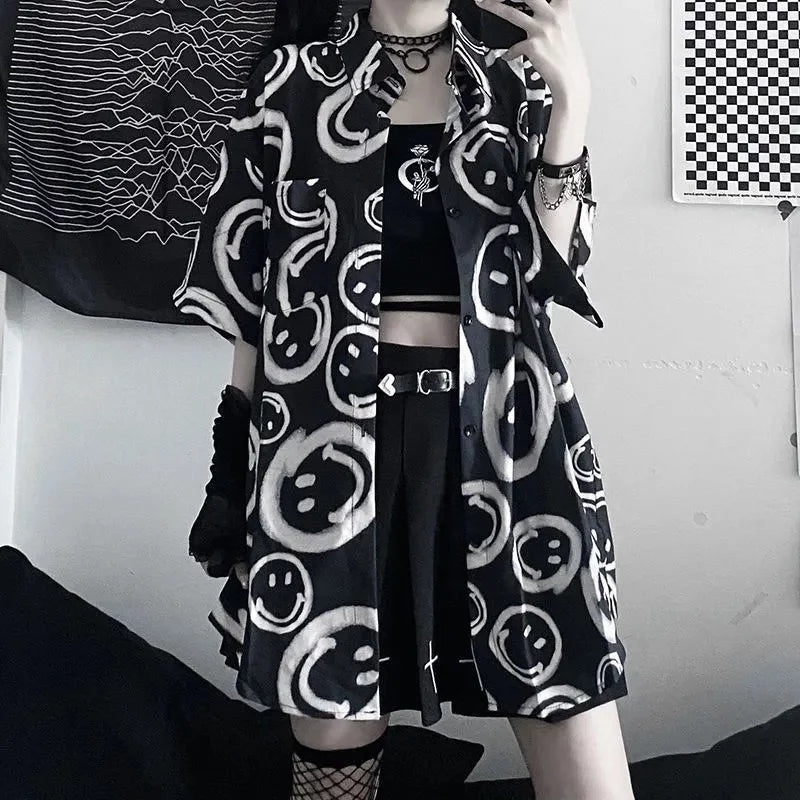 Black Smiley Happy Face Cartoon Print Button Down Oversize Short Sleeve Shirt Goth Aesthetic Casual Summer E-Girl Kawaii Korean Japanese Harajuku