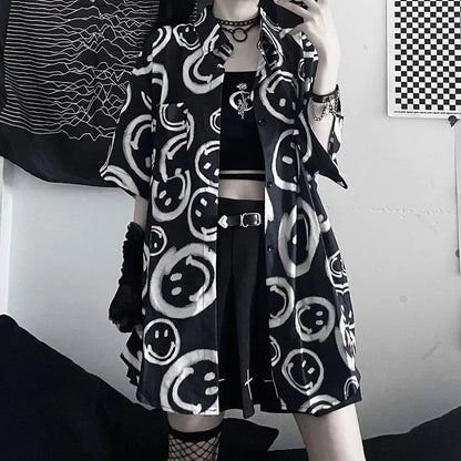 Black Smiley Happy Face Cartoon Print Button Down Oversize Short Sleeve Shirt Goth Aesthetic Casual Summer E-Girl Kawaii Korean Japanese Harajuku