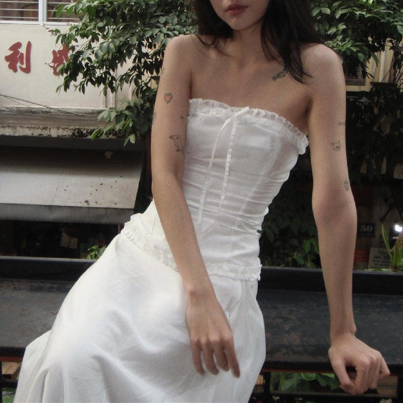2PCS White Strapless Lace Ruffle Top + Long Skirt Set