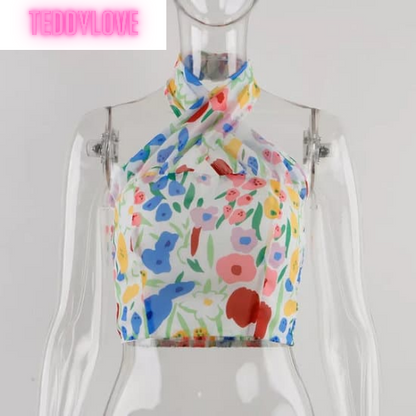 Cute Sexy Floral Print Halter Neck Tank Crop Top Backless Sleeveless Shirt Beach Aesthetic Casual Summer E-Girl Kawaii Korean Japanese Haraju