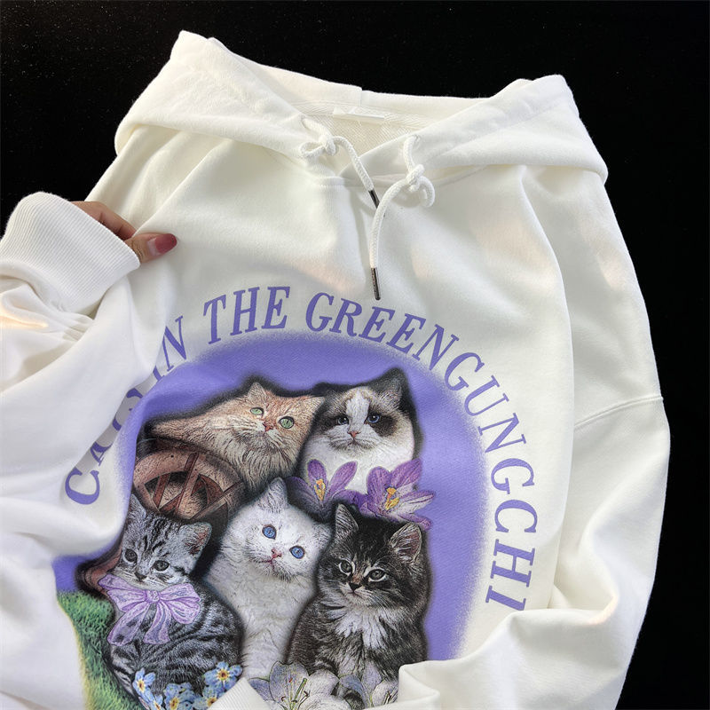 Purple Flower Kitten Print Oversized Hoodie
