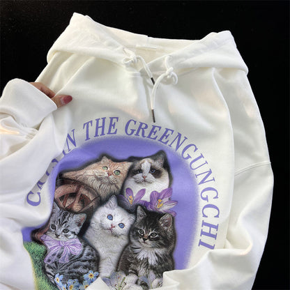 Purple Flower Kitten Print Oversized Hoodie