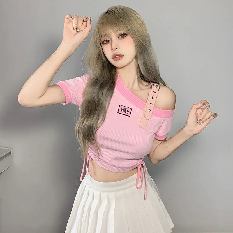 Sweet Pink Off Shoulder Short Sleeve Shirt