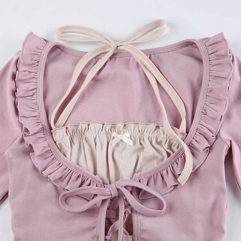 Purple & White Patchwork Ruffle Halter Crop Top