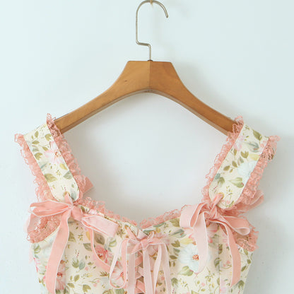 Floral Print Lace Up Corset Top + Mini Skirt