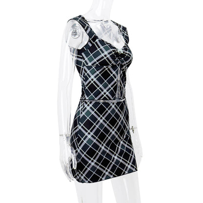 2PCS Black & White Plaid V Neck Top + Mini Skirt