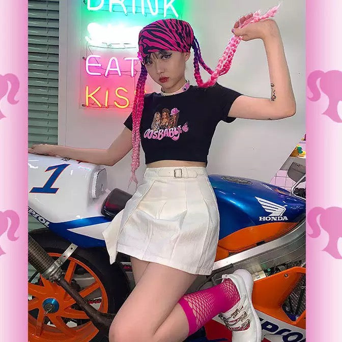 Sexy Pink Cartoon Doll Print Short Sleeve Shirt Crop Top Tee T-shirt Top Causal Summer E-Girl Kawaii Korean Japanese Harajuku Streetwear
