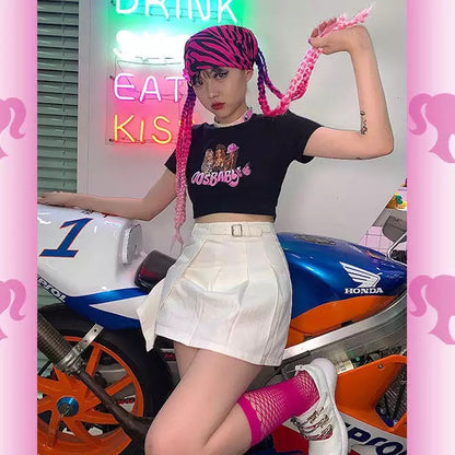 Sexy Pink Cartoon Doll Print Short Sleeve Shirt Crop Top Tee T-shirt Top Causal Summer E-Girl Kawaii Korean Japanese Harajuku Streetwear