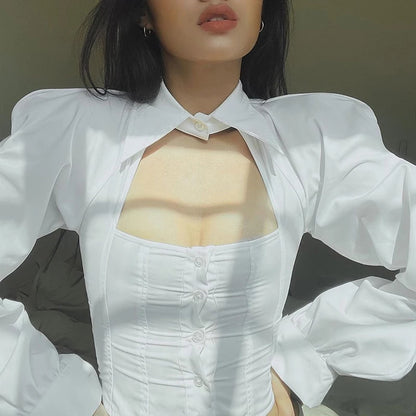 Cute White Silk Hollow Out Collar Cropped Top Long Sleeve Shirt Blouse Elegant Aesthetic Casual E-Girl Kawaii Korean Japanese Harajuku