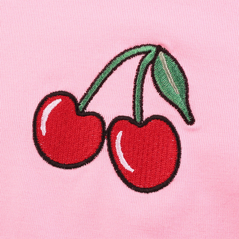 Cute Pink Cherry Fruit Embroidery Crop Top Long Sleeve Shirt T-shirt Causal Tee Summer E-Girl Kawaii Korean Japanese Harajuku Streetwear