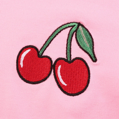 Cute Pink Cherry Fruit Embroidery Crop Top Long Sleeve Shirt T-shirt Causal Tee Summer E-Girl Kawaii Korean Japanese Harajuku Streetwear