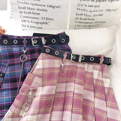 Cute Vintage Plaid Belt Chain High Waisted Mini Skirt School Uniform Tennis A-line Goth Punk Club E-Girl Kawaii Korean Japanese Harajuku Streetwear
