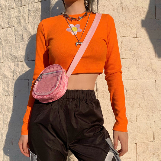 Cute Orange Flower Embroidery Sexy Crop Top Long Sleeve Shirt Tee T-shirt Autumn Casual E-Girl Kawaii Korean Japanese Harajuku Streetwear