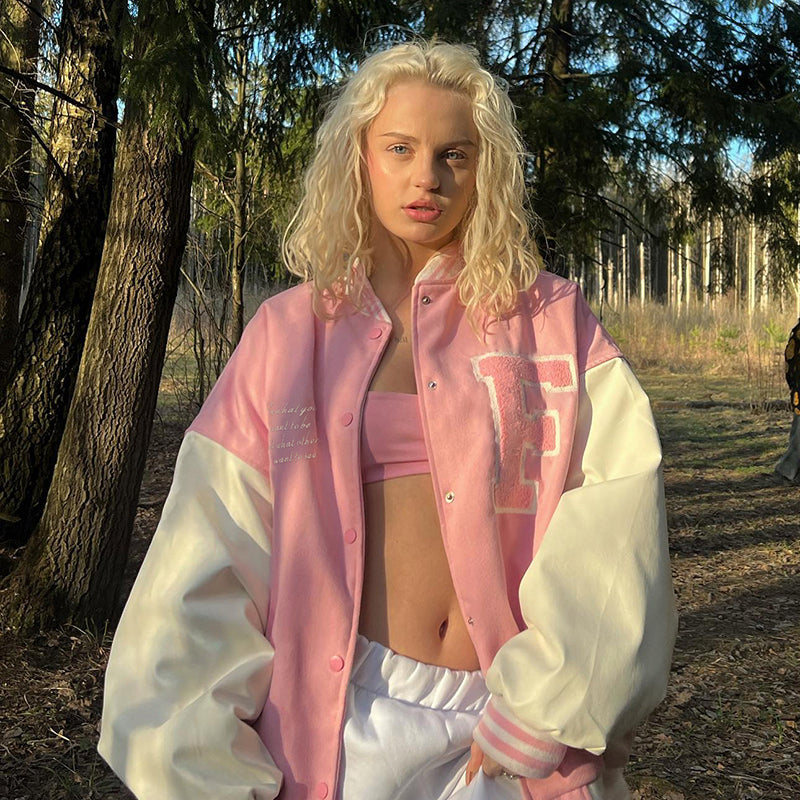 Pink Embroidery Patchwork Varsity Jacket