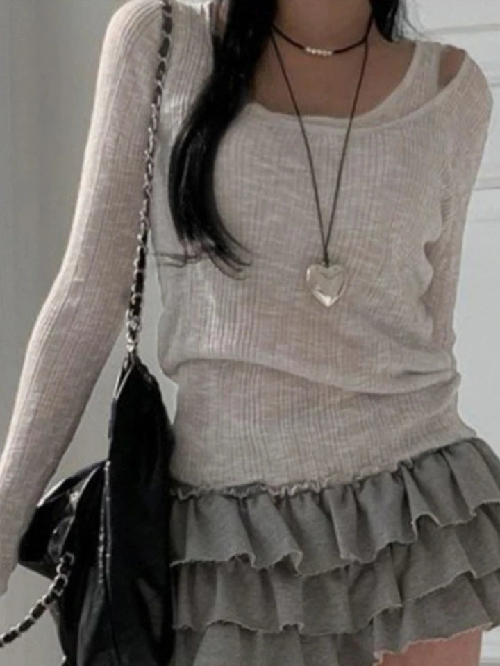 Grey Ribbed 2PCS Long Sleeve Shirt