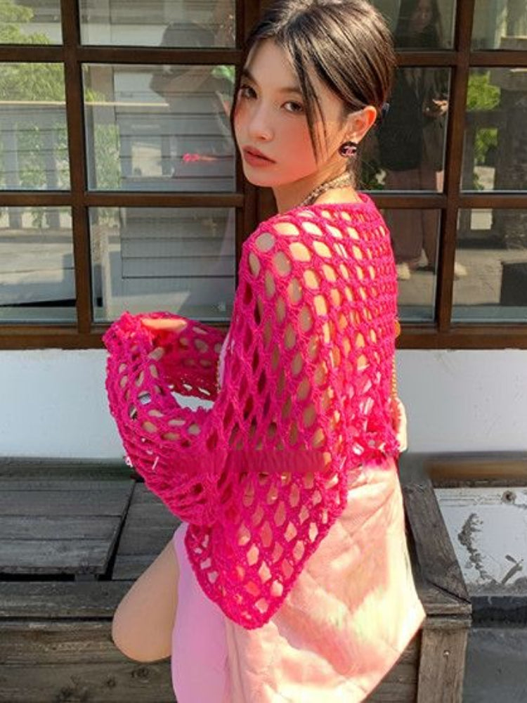 Pink Hollow Out Smock Knit Sweater