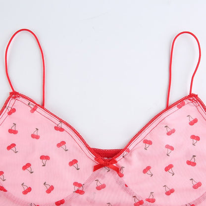 Cute Sweet 90S Pink Cherry Print V Neck Crop Top Sleeveless Shirt Camisole Party Club Summer Casual E-Girl Kawaii Korean Japanese Harajuku Streetwear