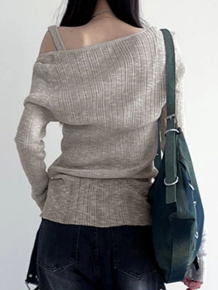 Grey Ribbed 2PCS Long Sleeve Shirt