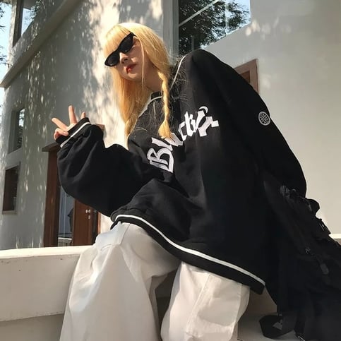 Black Letter Embroidery V Neck Long Sleeve Sweater