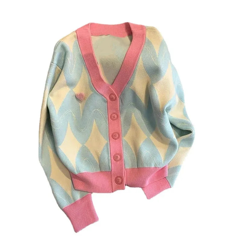 Pastel Argyle V Neck Cardigan Sweater