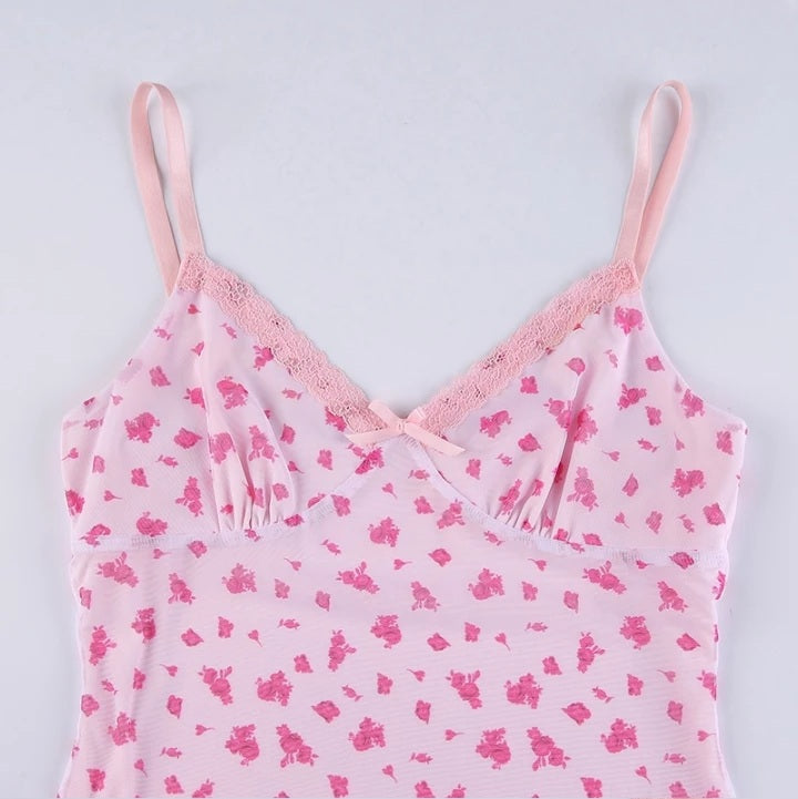 Cute Sexy Pink Floral Long Boho Dress Sleeveless V Neck Lace Trim Bodycon Party Club Beach Summer Vintage Casual E-girl Kawaii Korean