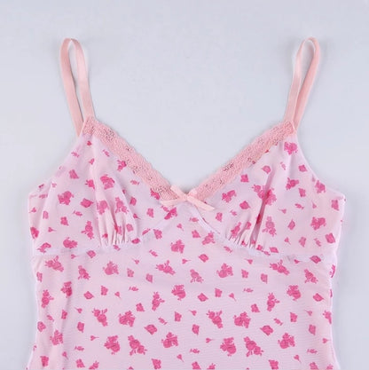 Cute Sexy Pink Floral Long Boho Dress Sleeveless V Neck Lace Trim Bodycon Party Club Beach Summer Vintage Casual E-girl Kawaii Korean