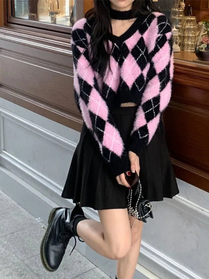 Black & Pink Lattice V Neck Sweater