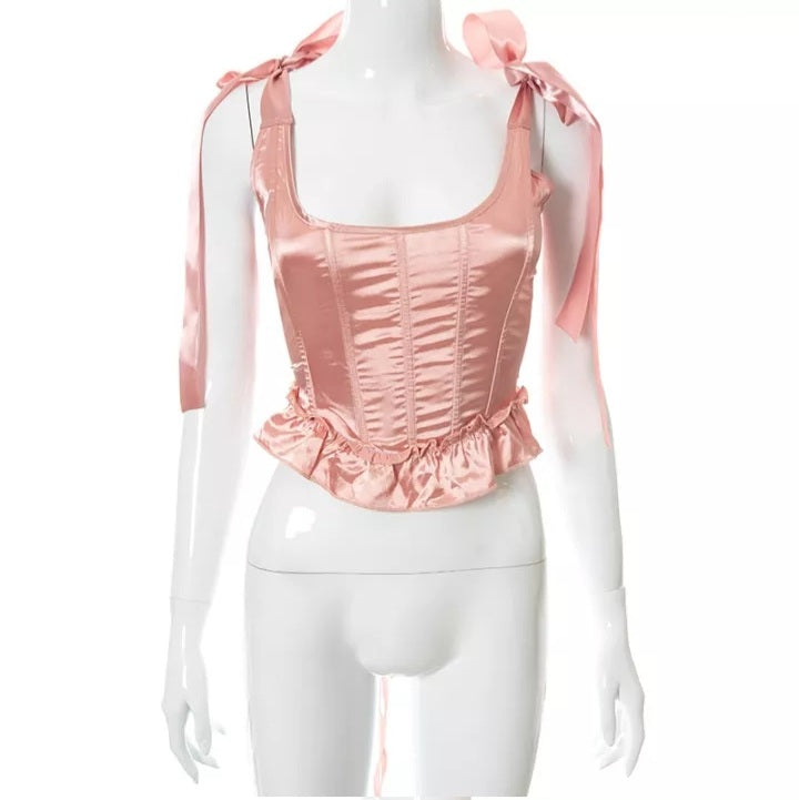 Cute Lace Ribbon Bow Tie Solid Square Collar Patchwork Sleeveless Corset Top Summer Aesthetic Casual E-Girl Kawaii Korean Japanese Harajuku