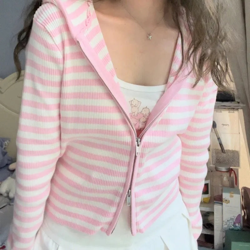 Pink Stripe Thin Zipper Jacket