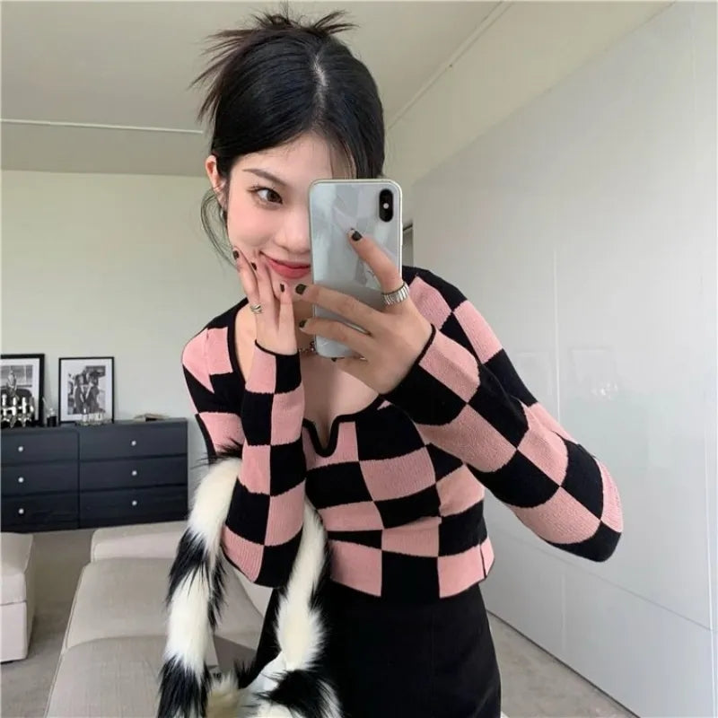 Pink & Black Checkboard Knit Sweater