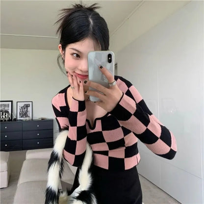 Pink & Black Checkboard Knit Sweater