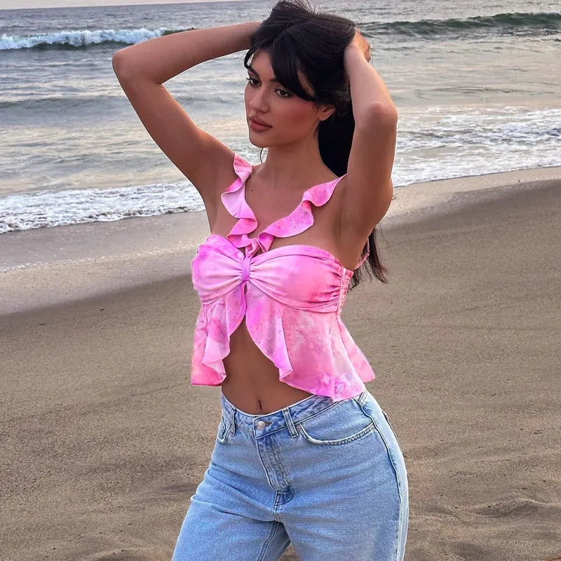 Pink Tie Dye V Neck Ruffle Crop Top